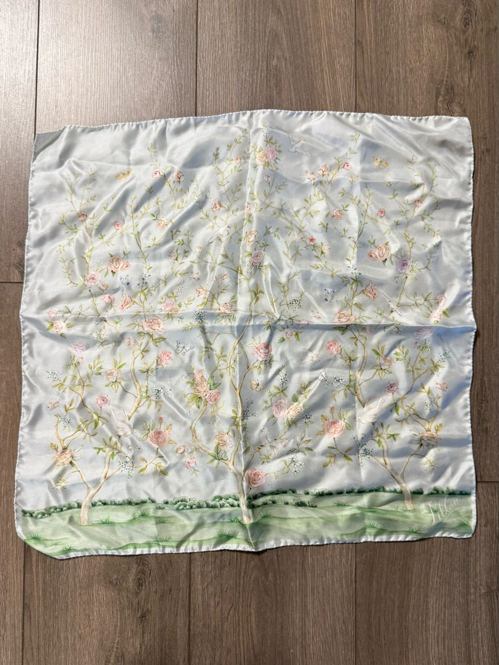 Pastel Floral Satin Scarf in Light Blue & Pink